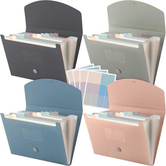 Harloon 4 Pcs Expanding File Folder 13 Pockets File Organizer with Labels A4 Letter Size Receipt Document Organizer Plastic Expandable Filing Folders for Office, Classroom, Home (Morandi Color)