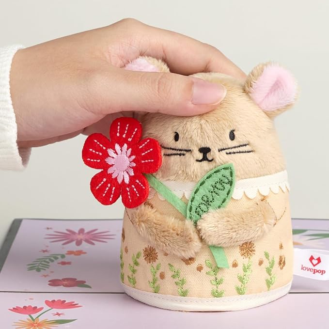 Lovepop Plushpop Soft Animal Pop-Up Card for Her and Him - 3D Birthday Mouse Greeting Card for Boys, Girls, Men, Women - Happiest Birthday Wishes' Floral Field - 6" x 8" Card