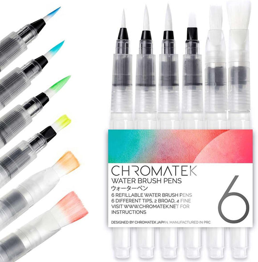 Chromatek AquaPens. Set of 6 Refillable Aqua Watercolor Brushes with Nylon Tips. Easy Water Brush Pens for Painting. Blending & Calligraphy. Includes Online Video Tutorials & Templates