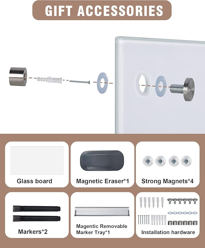 Magnetic Glass Whiteboard，48"x36" Wall Mounted Frameless Dry Erase Board for Office, Home & School Ultra White