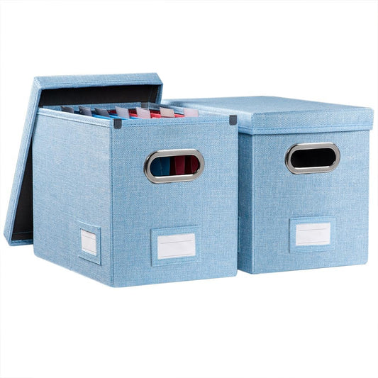 PRANDOM File Organizer Box - Set of 2 Collapsible Decorative Linen Filing Storage Hanging File Folders with Lids Office Cabinet Letter Size Blue (14x9.3x10.8 inch)