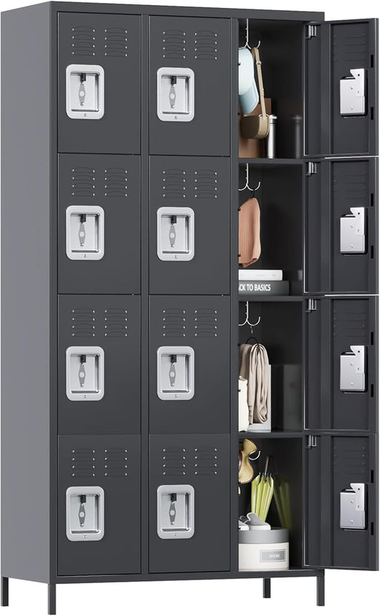 Metal Lockers for Employees with 12 Door and 12 Hooks,Metal Storage Locker with Lock for School Office Gym Bedroom,Assembly Required,Dark Grey