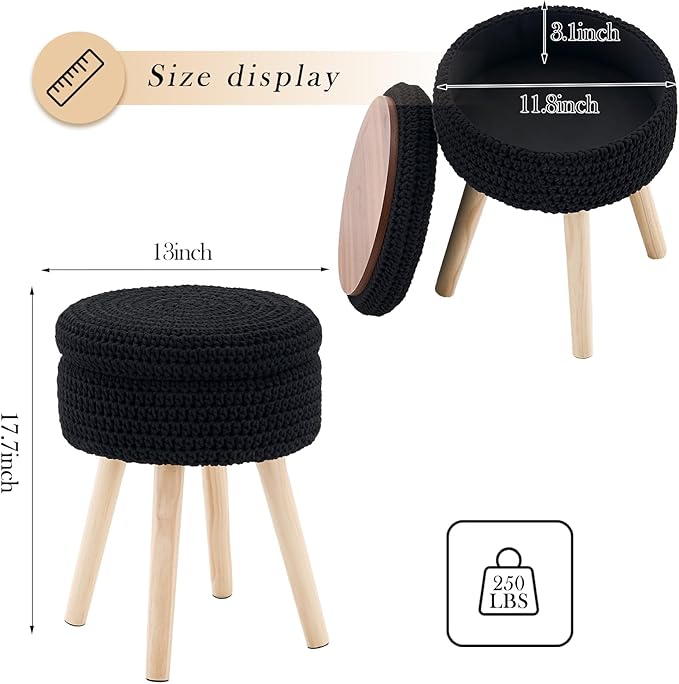 Round Foot Stool Ottoman with Storage Footrest with Wood Legs Cotton Knitted Vanity Stool Tray Top Coffee Table Multifunctional Upholstered Footstool for Living Room Bedroom Black