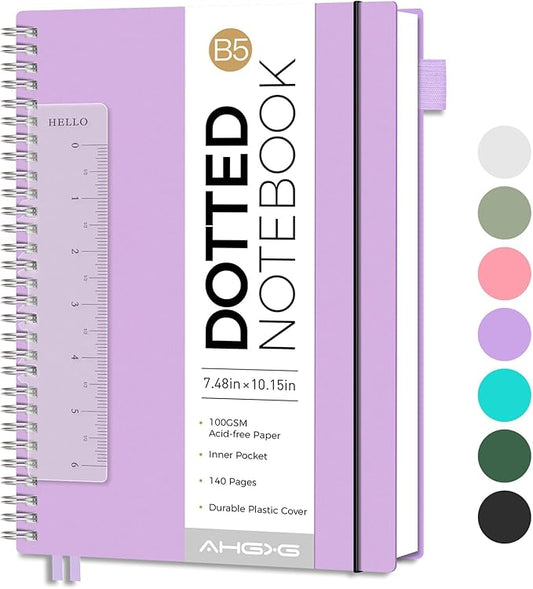 AHGXG Bullet Dotted Journal - Dot Grid Spiral Notebook B5, 140 Pages, 100 GSM Thick Paper, Waterproof Plastic Cover Journals for Bullet Journaling, Sketching, 7.6" x 10", Purple