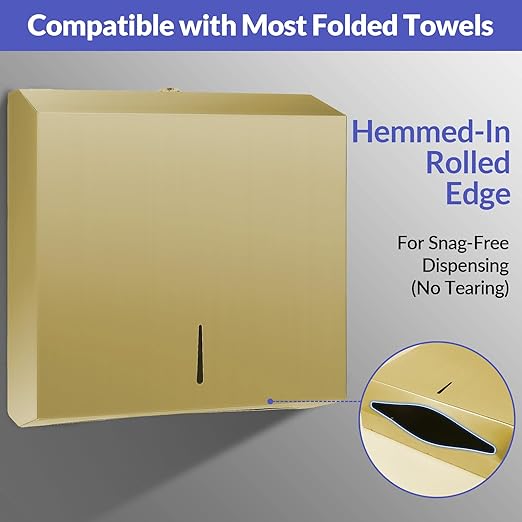 Paper Towel Dispenser Wall Mount, Brushed Gold Stainless Steel Commercial Paper Towel Holder with Lock, Large Capacity 250 C Fold/300 Multifold Towels