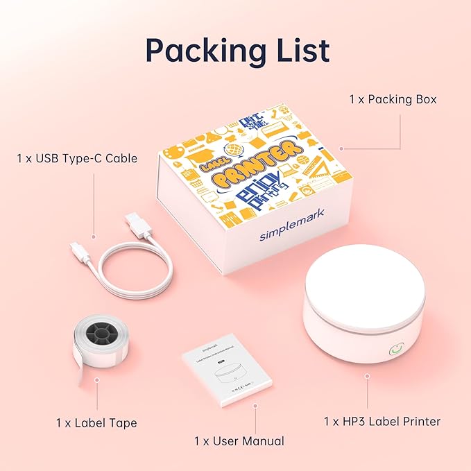 Label Maker Machine with Tape, Portable Mini Label Printer, HP3 Bluetooth Sticker Maker Machine with Multiple Templates for Office Home Small Business Organization, Small Thermal Label Printer, White