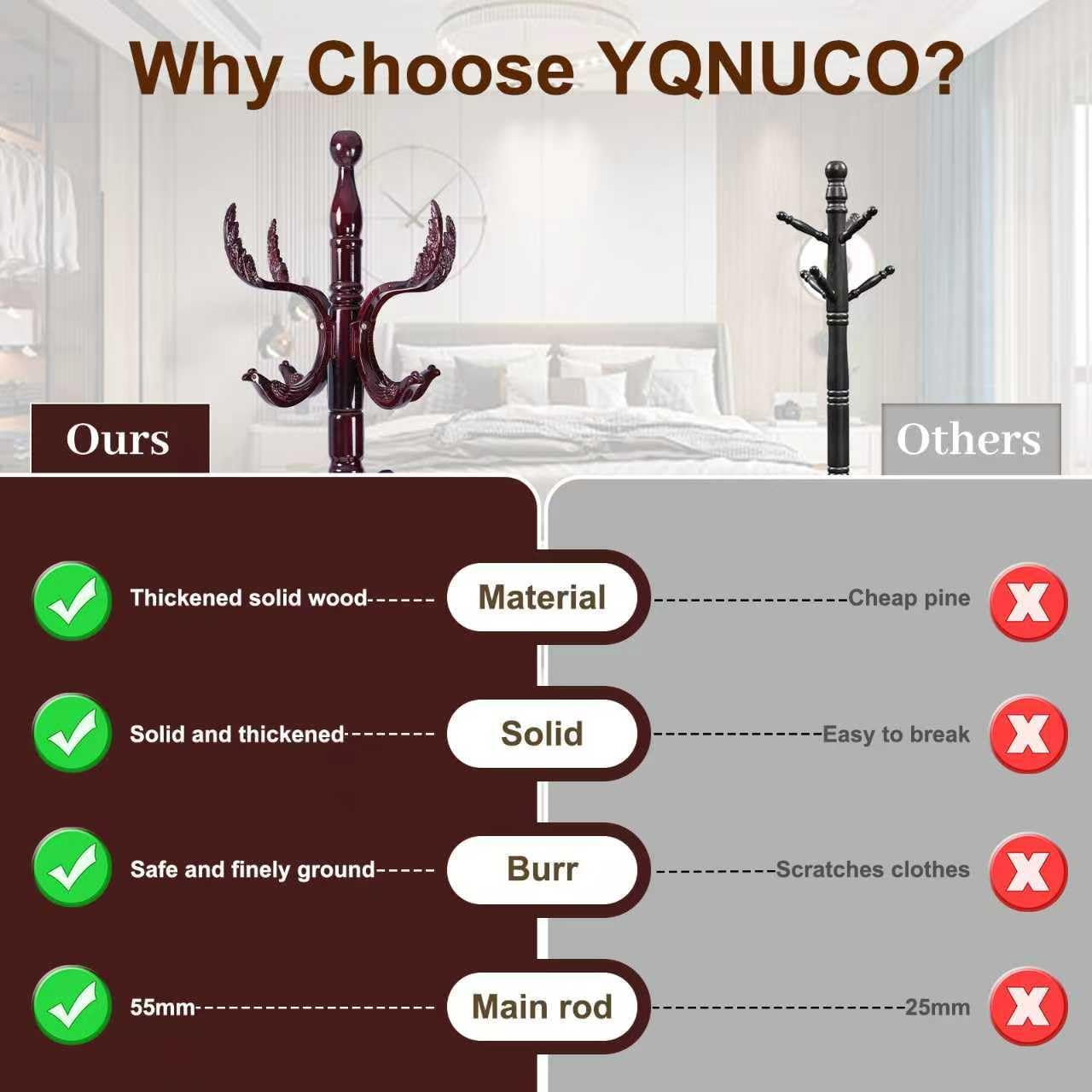 Solid Wood Coat Rack – 72" Freestanding Coat Racks Stand with 14 Hooks & Stable Base, Adjustable Height Modern Wooden Hall Tree for Entryway, Bedroom, Office, Home (Mahogany Phoenix Hook)