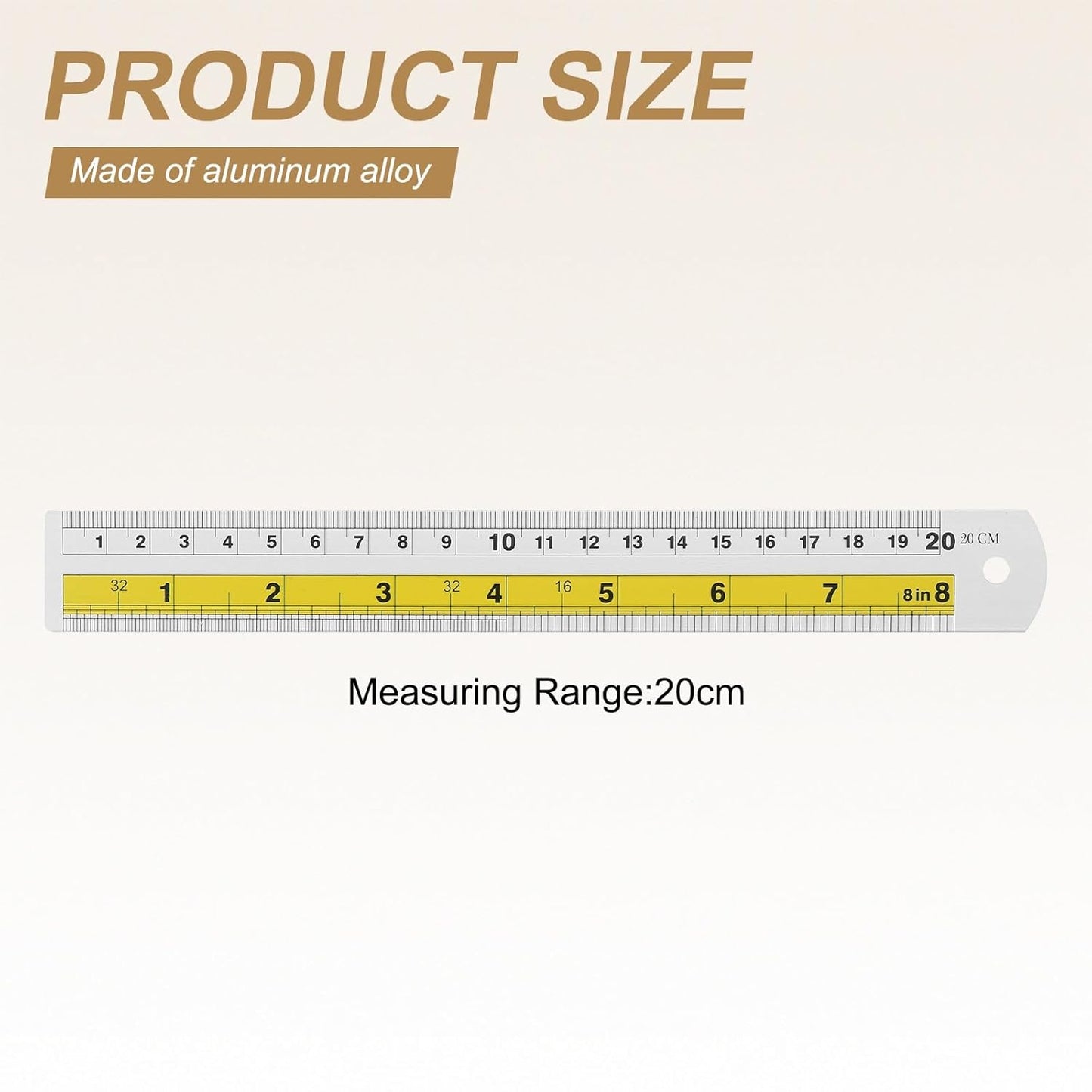 HARFINGTON 2pcs Metal Straight Ruler 20cm Metric SAE Aluminum Alloy Measuring Rulers Scale Tool with Hole for Measure Study Reading Classroom Office, Yellow