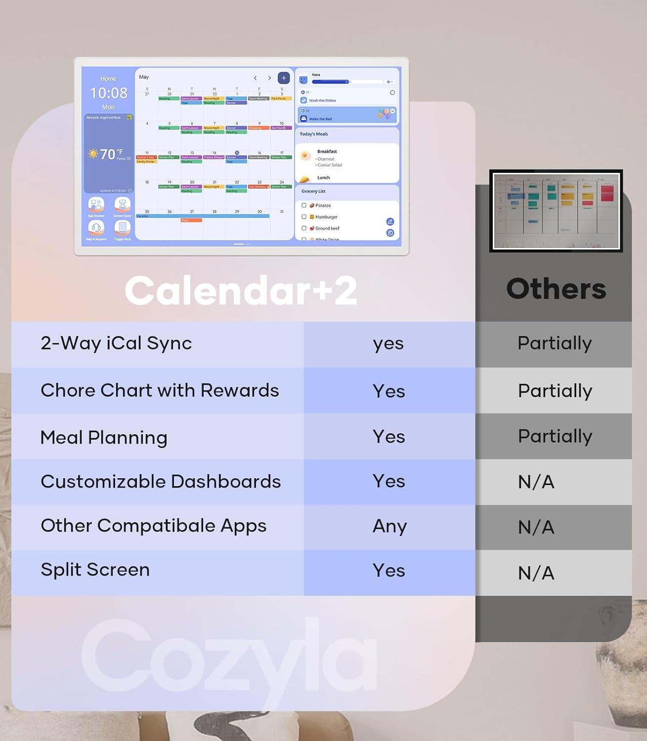 Cozyla Digital Calendar+ 2: 24 inch Wall Planner Touch Screen Chore Chart Customize Dashboard Smart Electronic Calendar for Family Schedules Meal Planner Support Any Google Play App Wall Mount White