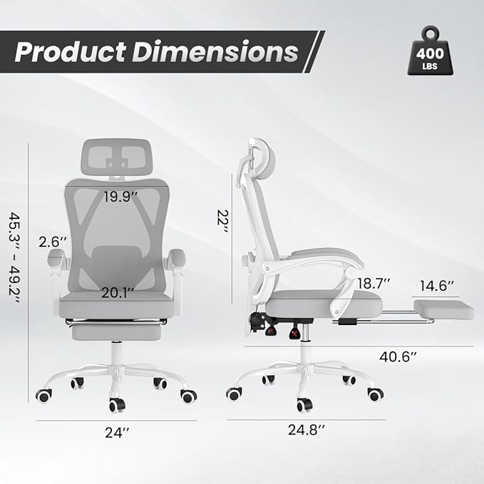 Farini Ergonomic Office Chair with Footrest, Mesh Office Desk Chair with Headrest, High Back Computer Chair with Adjustable Lumbar Support for Home Office Study Room Bedroom, White & Grey