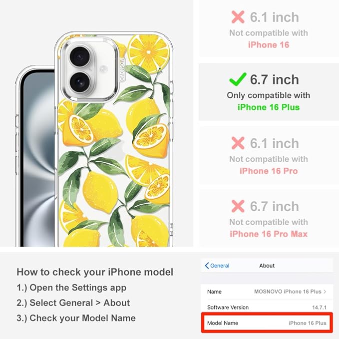 MOSNOVO Case for iPhone 16 Plus, [Buffertech 6.6ft Military-Grade Drop Protection] [Anti Peel Off Tech] Clear TPU Bumper Phone Case Cover Design - Lemon