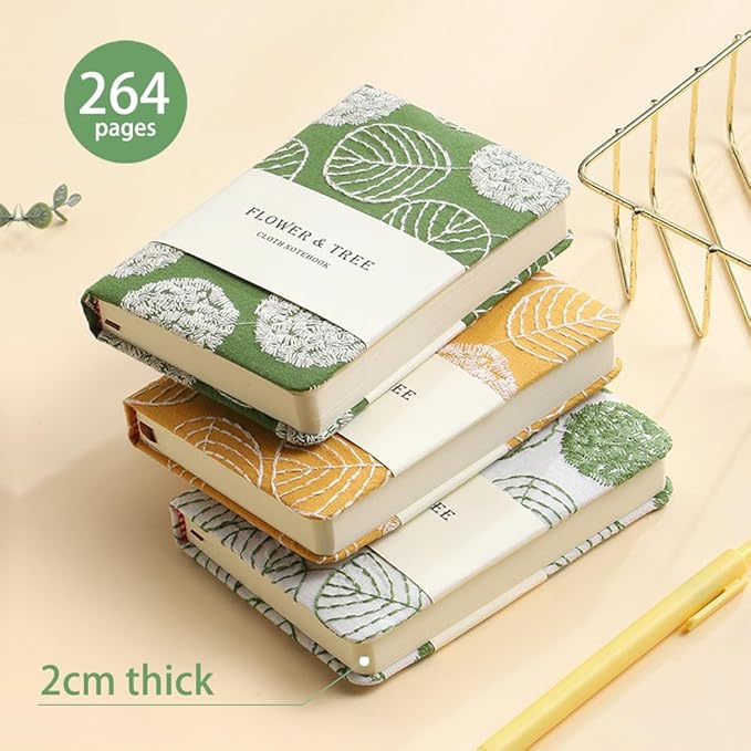 Pocket Notebook, A6 Journal, Small Embroidered Journal, Cute Fabric Notebook, Lay Flat Hardcover Journal, 4x6 Lined Notebook & Sketchbook, Personal Writing Journal for Women, White Leaf