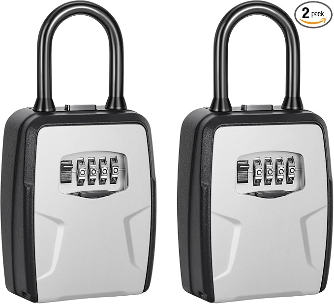 Portable Key Lock Box, Lock Box Wall Mounted for House Key, Car Keys, 6 Key Capacity, Weatherproof Resettable Code (2 Pack, Grey)