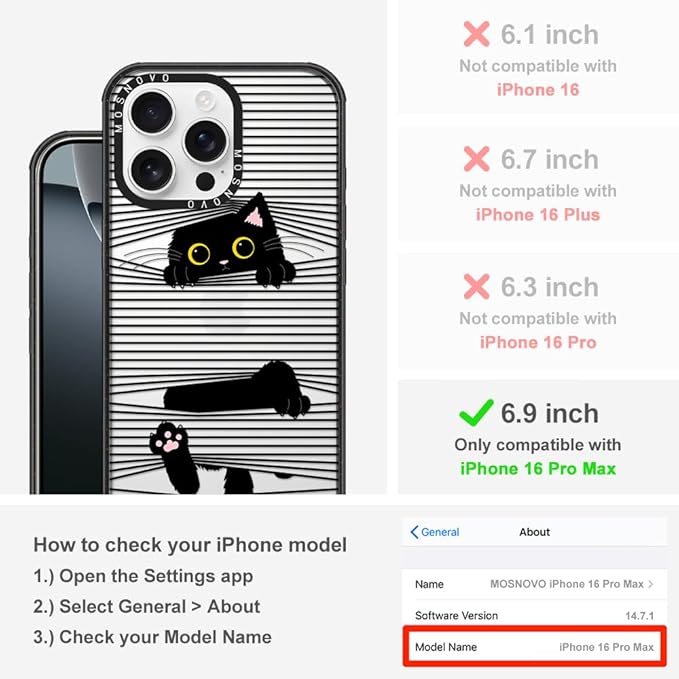 MOSNOVO Case for iPhone 16 Pro Max, [10ft 4X Military-Grade Drop Protection] Durable & Shockproof Phone Case Cover Design for iPhone 16 Pro Max - Hidden Black Cat - Clear Black
