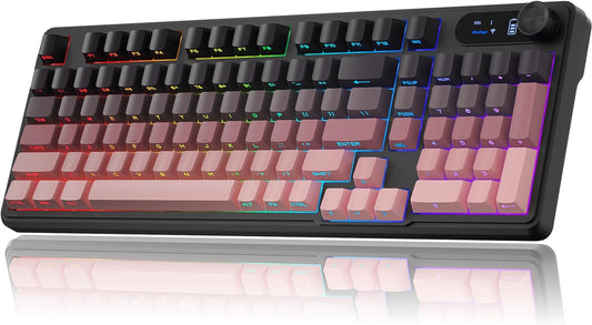 BlueFinger Wireless Gaming Keyboard, RGB Backlit, Tri-Mode Bluetooth/2.4G/USB-C, 98 Keys Quiet Keyboard with Number Pad, Volume Knob & Screen, Side Printed PBT Keycaps for PC/Mac/Laptop