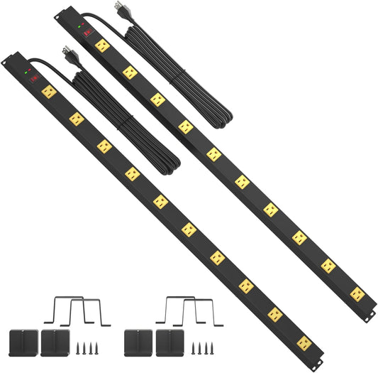 10 Outlet Surge Protector, Long Metal Wide Spaced Garage Industrial Power Strip, Heavy Duty with 6 FT Cord, 15A, 125V, 1875W, 2700 Joules, 2Pack, SGS Listed