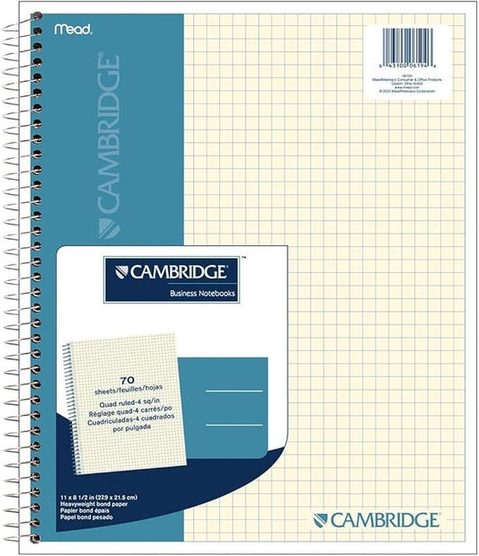 Cambridge Notebook, Business Notebook, 11" X 8.5", 70 Sheets, Quad Ruled, Wirebound, Ivory Paper (06194)