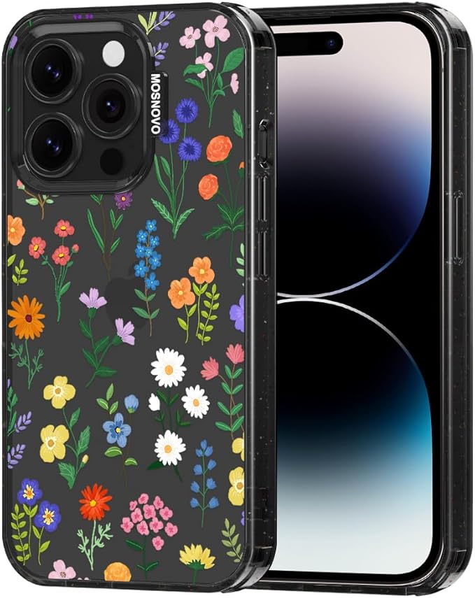 MOSNOVO Case for iPhone 14 Pro, [10ft 4X Military-Grade Drop Protection] Durable & Shockproof Phone Case Cover Design for iPhone 14 Pro - Botanical Floral - Clear Black