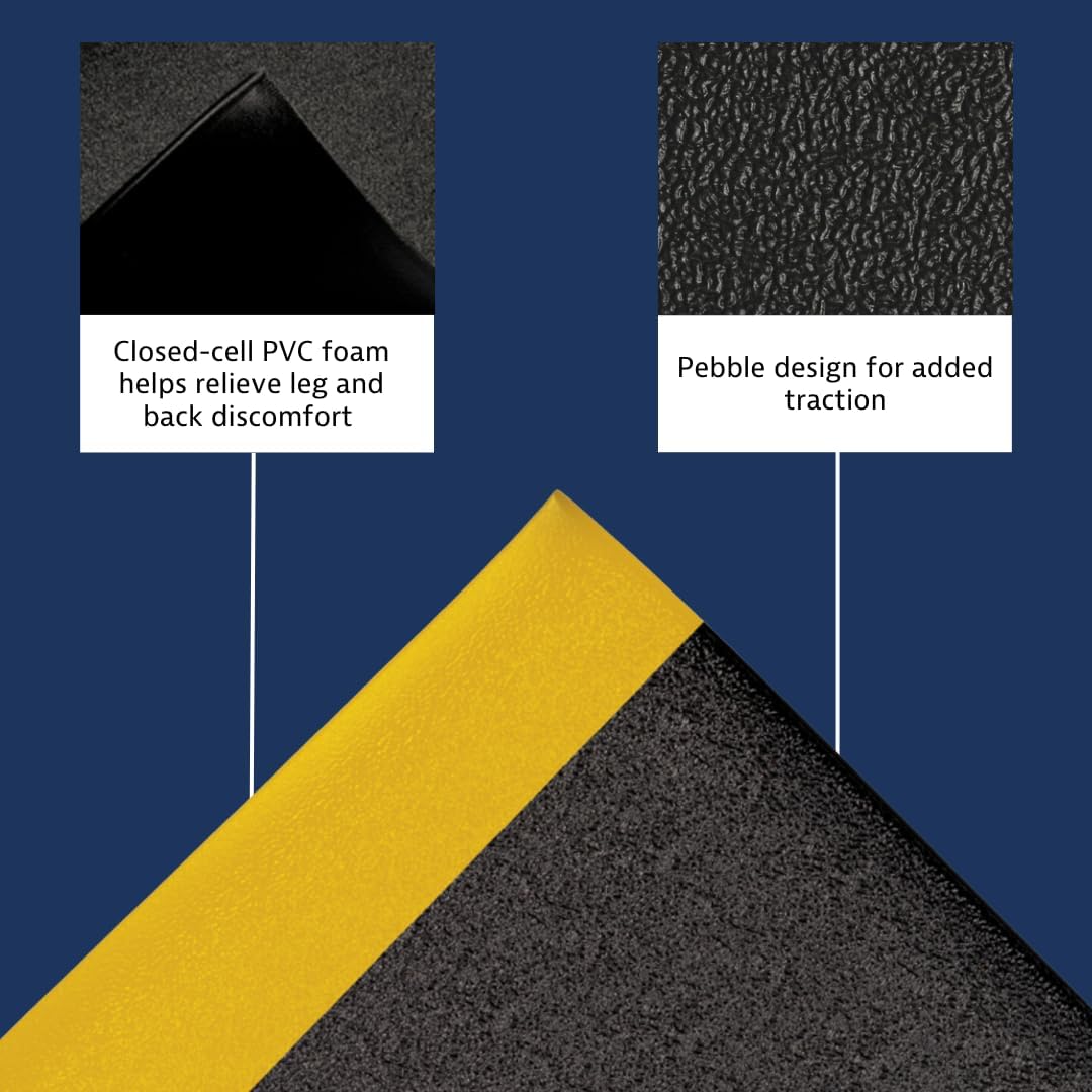 Notrax 411 Sof-Tred™ 3' x 5' x 3/8" Anti Fatigue Mat, Enhanced Slip Resistance with Beveled Edges and Pebbled Surface, Ideal for Industrial and Commercial Workplaces, Black/Yellow, 411S0335BY