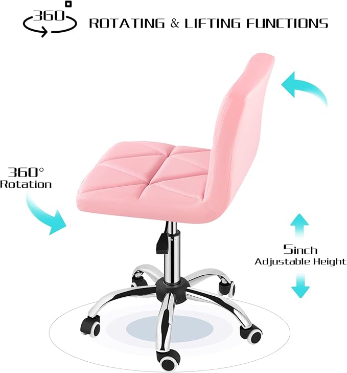 COSVALVE Armless Desk Chair, Mid Back Swivel Office Chair, Adjustable Task Chair with Rolling Wheels and Diamond Pattern, for Home Computer Barber, Pink