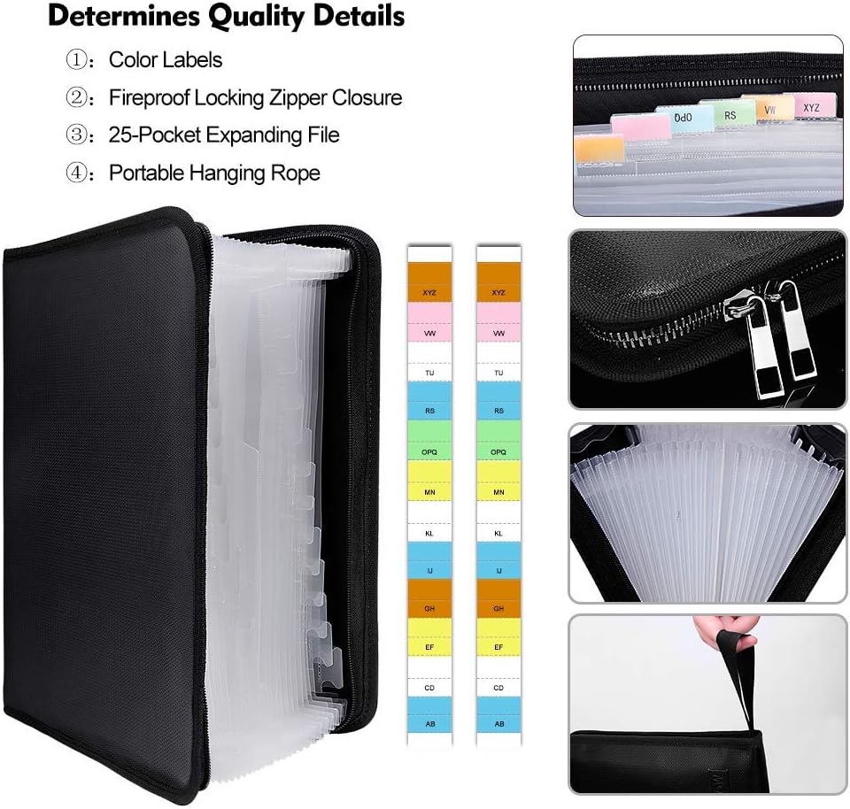 ENGPOW Expanding File Folder Important Document Organizer Fireproof Document Bag-A4 Size, 25 Pockets,Color Labels,Non-Itchy Silicone Coated Portable Filing Organizer Folder(14.3" x 9.8")