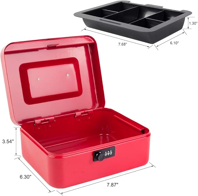 KYODOLED Medium Cash Box with Combination Lock Safe Metal Money Box with Money Tray for Security Lock Box 7.87"x 6.30"x 3.54" Red Medium