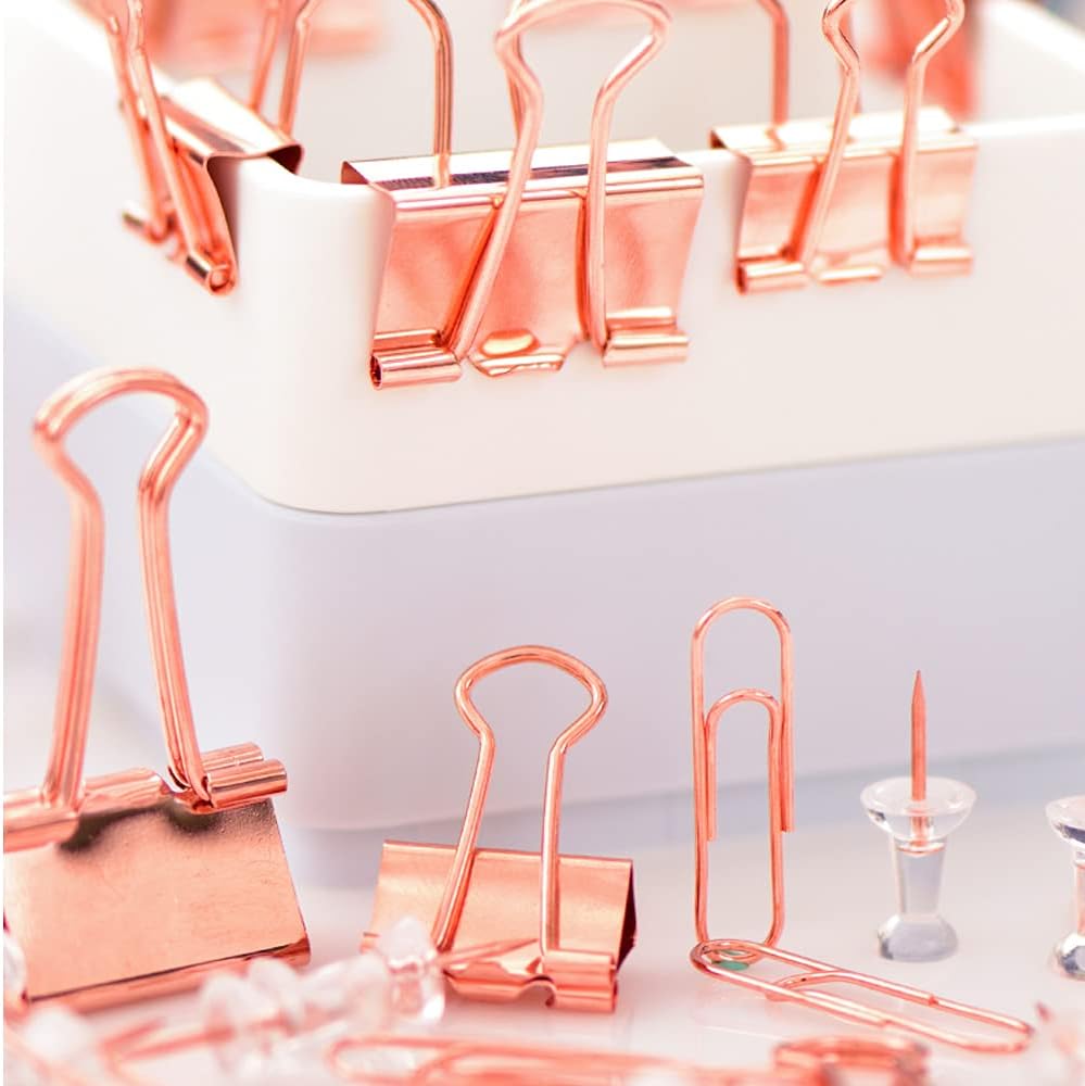 Paper Clips and Binder Clips Set, 3 Pack, 216 pcs, Metal Assorted Sized Binders with Push Pins, Cute Rose Gold Office Supplies for Desk, Desk Accessories