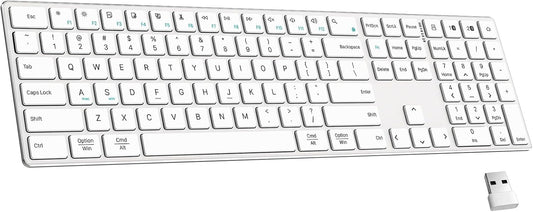 2.4G Wireless and Bluetooth Keyboard with Numeric Keypad, Multi-Device, Rechargeable, Compatible with Mac, Windows (White)