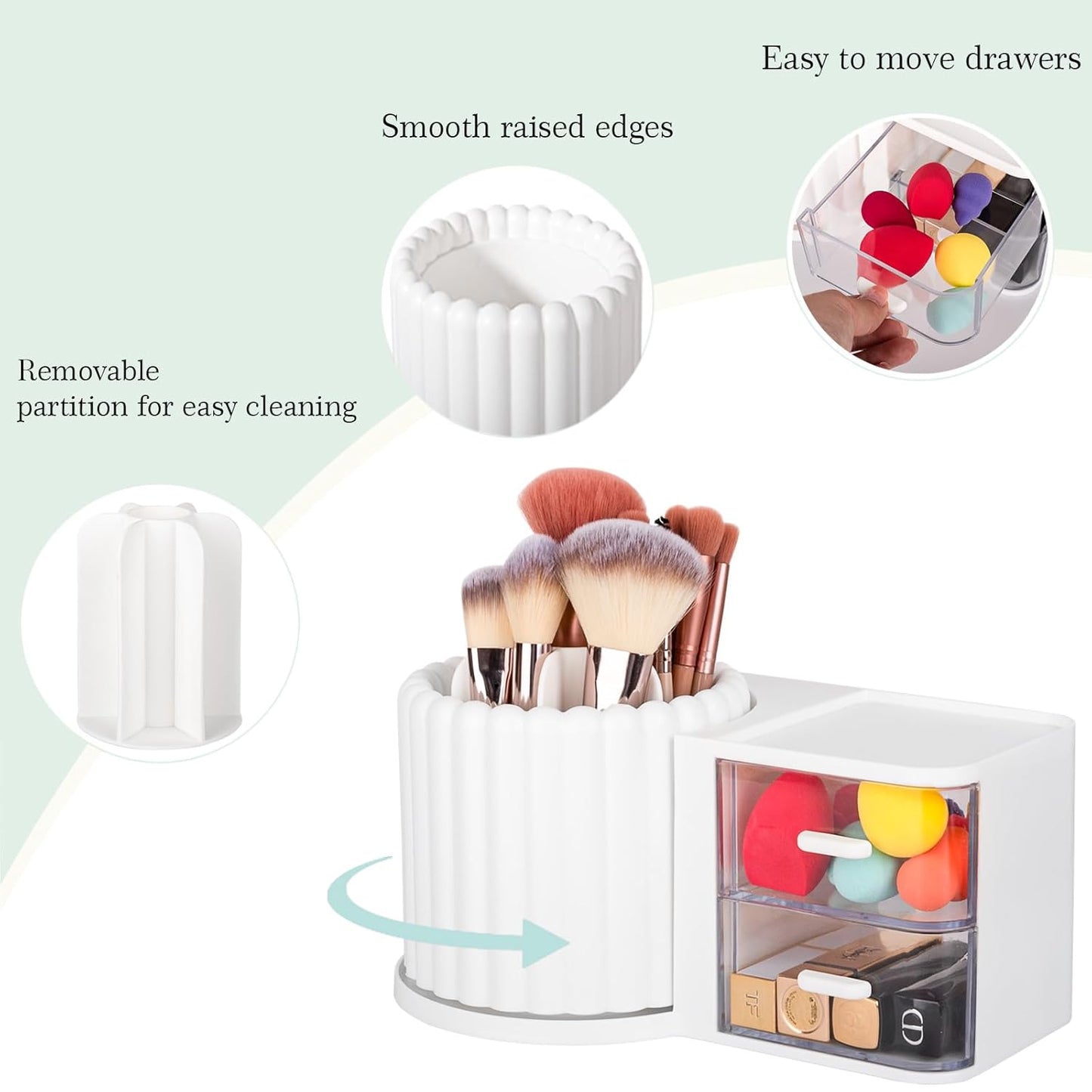 Anyoifax 360 Rotating Makeup Brush Holder 7 Slots Makeup Organizer with Drawer Removable Spinning Cosmetic Storage Pen Holder for Vanity, Dresser, Desk, White