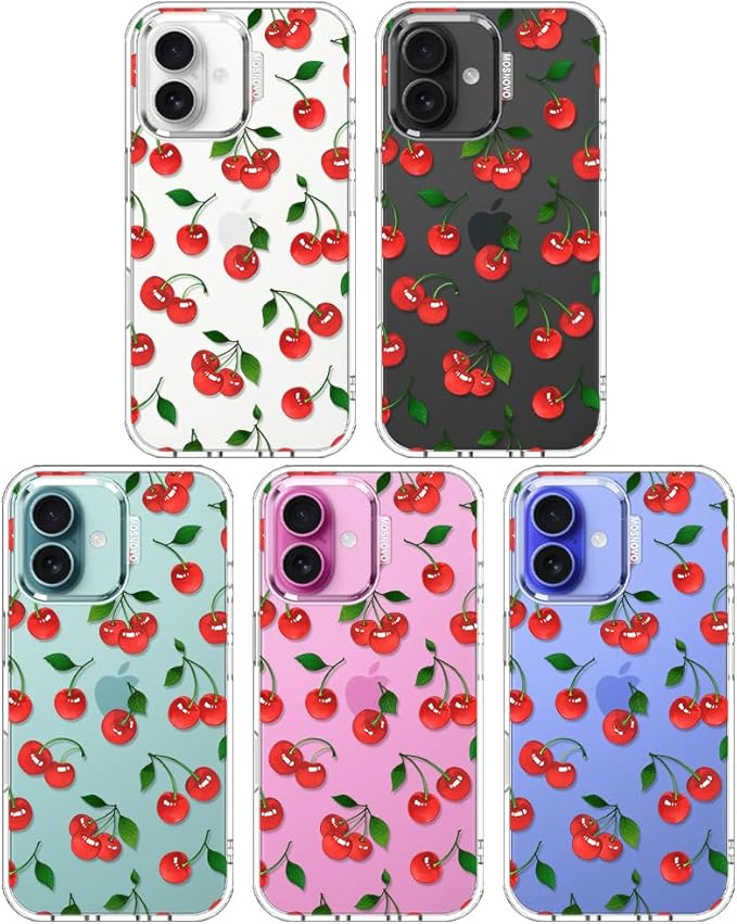 MOSNOVO Case for iPhone 16 Plus, [Buffertech 6.6ft Military-Grade Drop Protection] [Anti Peel Off Tech] Clear TPU Bumper Phone Case Cover Design - Cute Cherry