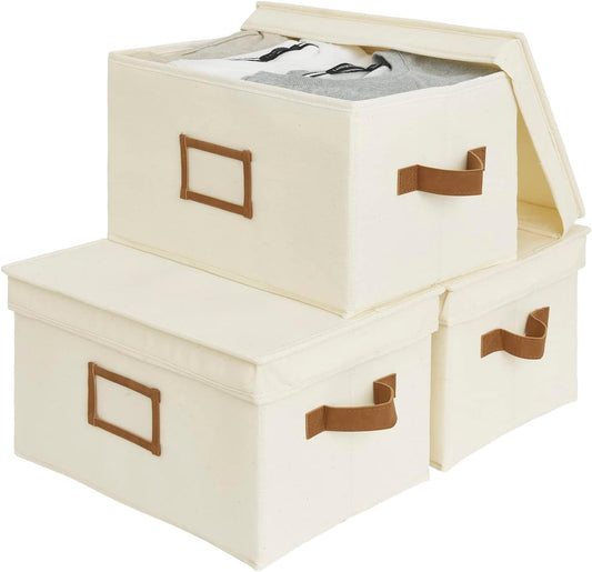 StorageWorks Large Storage Bins with Lids, Decorative Storage Boxes with Lid and PU Handles, Foldable Storage Baskets for Closet, Shelves, Stackable, Ivory White, 3-Pack