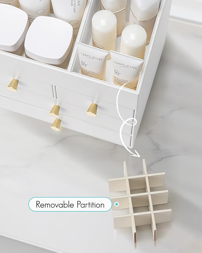 Vlando Makeup Organizer Countertop,Large Vanity Organizer PU Leather Make up Storage with 4 Drawers Skin care Organizer Cosmetic Display Case for Lipstick,Brushes,Bedroom-White