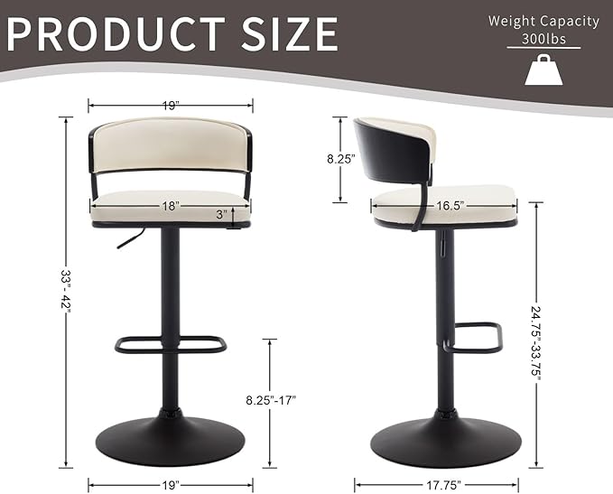 Adjustable Modern Bar Stools Set of 4 Faux Leather Barstools Swivel Counter Height Bar stools with Curved Back/Black Metal Base Comfy Upholstered Bar Chairs for Kitchen Island, Beige
