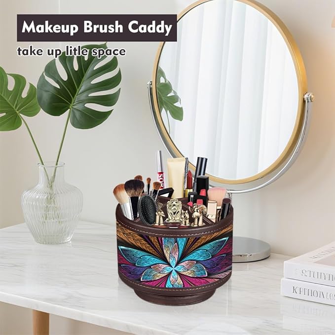 Rotating Pen Holder for Desk, Leather Pencil Pen Organizer Remote Control Holder Table Desktop Nightstand Organizer Caddy Storage, Office Desk Organizers And Accessories 5.5x5.5x4.0 Inch