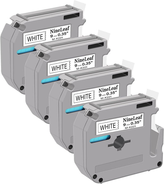 NineLeaf 4 Pack Compatible for Brother P-Touch M-K221 MK221 M221 White M Tape 9mm 3/8 Inch Black on White Label Tape for PT-M95 PT-80 PT-90 PT-70 PT-55 PT-65 PT-85 PT-45 PT-70BM PT-100 Label Maker