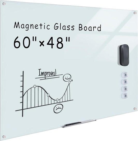Magnetic Glass Whiteboard，60"x48" Wall Mounted Frameless Dry Erase Board for Office, Home & School White