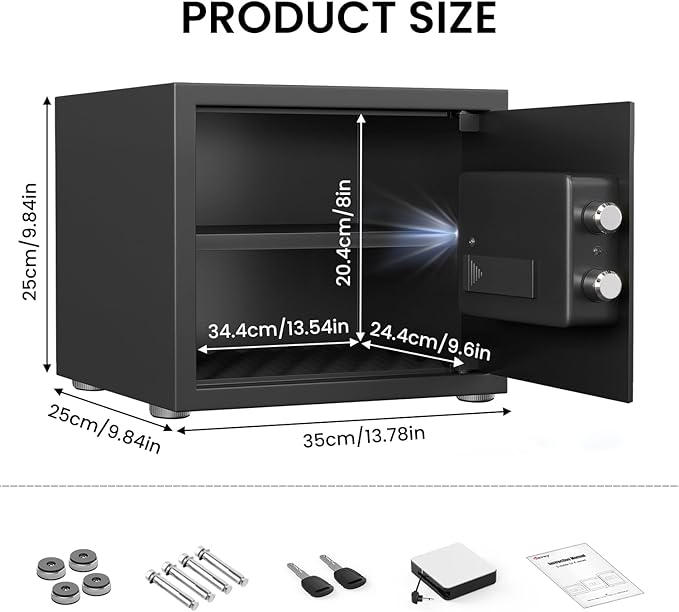 Kavey 0.8 Cub Safe Box, Biometric Safe with Backlit Touch Screen Keyapd and Fingerprint Lock, Home Safe with Dual Alarm System and Mute Function, Small Safe Box for Money Documents Valuables, K-25W
