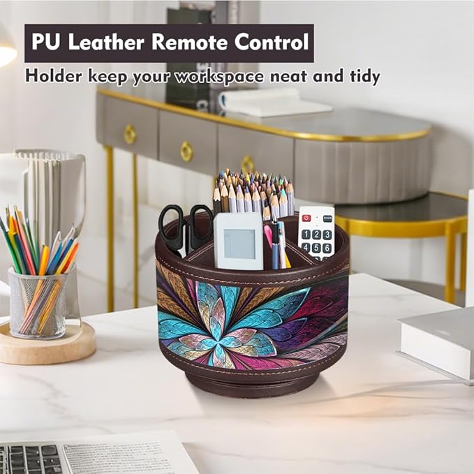 Rotating Pen Holder for Desk, Leather Pencil Pen Organizer Remote Control Holder Table Desktop Nightstand Organizer Caddy Storage, Office Desk Organizers And Accessories 5.5x5.5x4.0 Inch