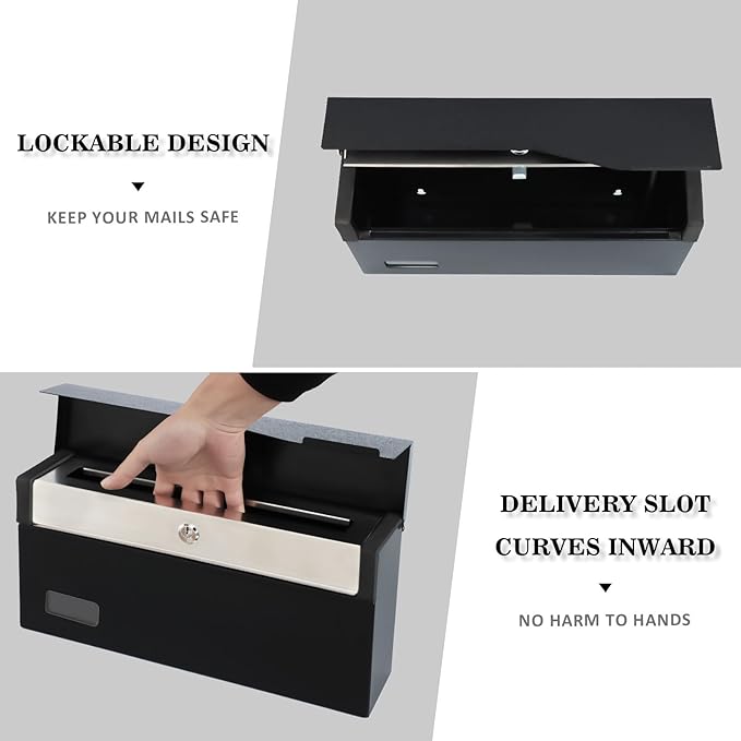 xydled Mailbox with Key Lock, Locking Wall Mount Mail Boxes for Outside, Steel Hanging Metal Mailbox, Modern Post Box, Black, 14.57''x7.09''x3.4''