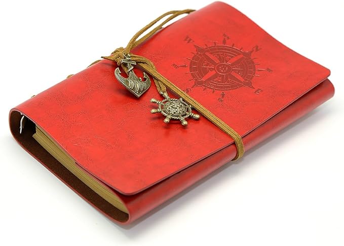 EvZ Leather Writing Journal Notebook, 7 Inches Vintage Nautical Spiral Blank String Diary Notepad Sketchbook Travel to Write in, Unlined Paper, Retro Pendants, Classic Embossed, Red