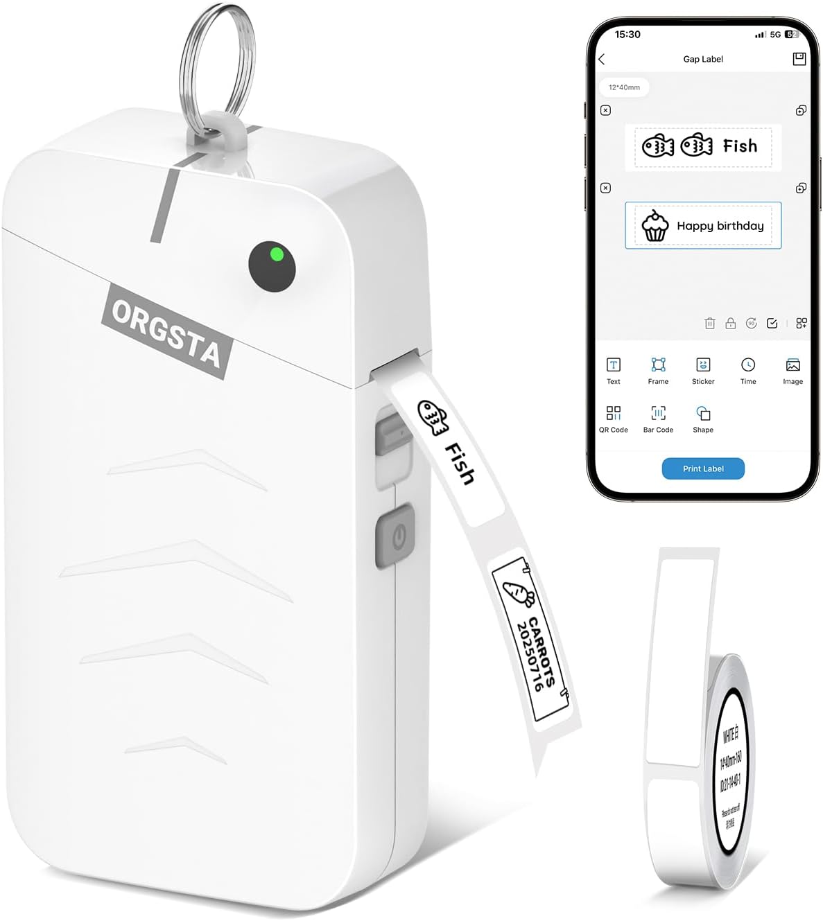 ORGSTA S001 Label Maker Machine with Tape, Portable Bluetooth Label Maker for Home and Office Organization, Thermal Label Printer Mini Sticker Maker with Multiple Templates, White