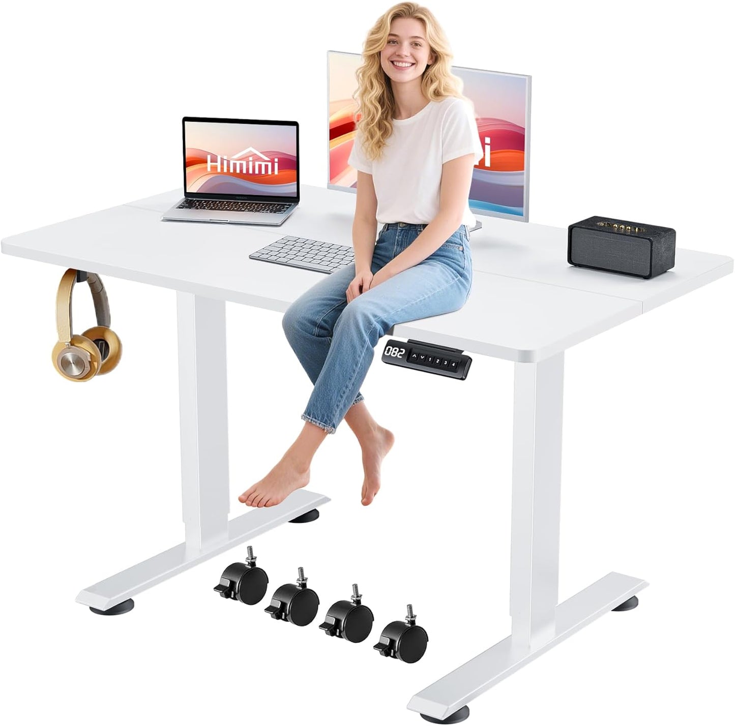Himimi Electric Standing Desk 48 x 24 inch for Home Office,Sit-Stand Adjustable Desk with Memory Presets,Height Adjustable Desk for Gaming/Working,Free Hook, Lockable Wheels,White