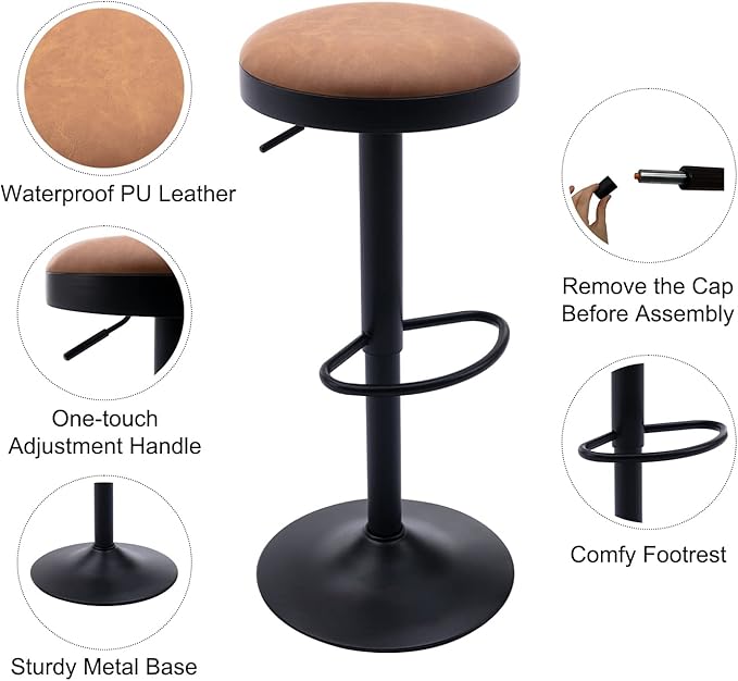 Round Swivel Counter Height Bar Stools Set of 1 Modern Adjustable Barstools Backless PU Leather Bar Chairs Industrial Island Chairs with Metal Base/Footrest for Kitchen Island/Pub/Bar, Brown