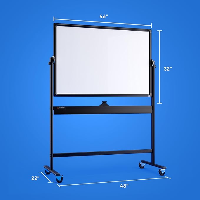 Rolling Dry Erase Board 46 x 32 - Large Portable Magnetic Whiteboard with Stand - Double Sided Easel Style Whiteboard with Wheels - Mobile Standing White Board for Office, Classroom & Home