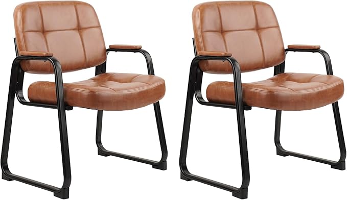 CLATINA Big & Tall 500 lbs Waiting Room Chairs with Padded Armrests and Sled Base, Leather Stationary No Wheels Office Guest Chair for Reception Lobby Home and Meeting Conference, Brown (2 Pack)