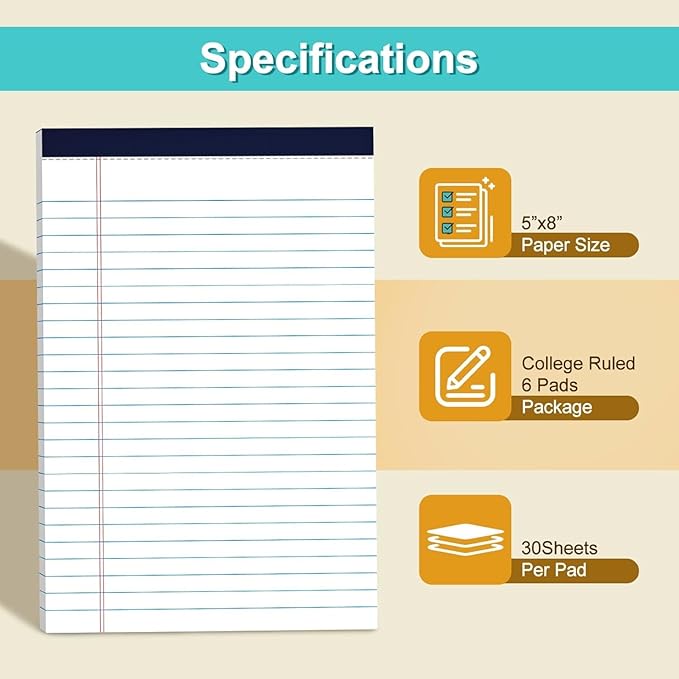 Legal Note Pads 5" x 8" College Ruled Small Writing Pads, 80gsm/21lb White Lined Paper, 30 Sheets per Notepad, 12 Pads per Pack, Perforated To Do List Legal Pads for Versatile Use