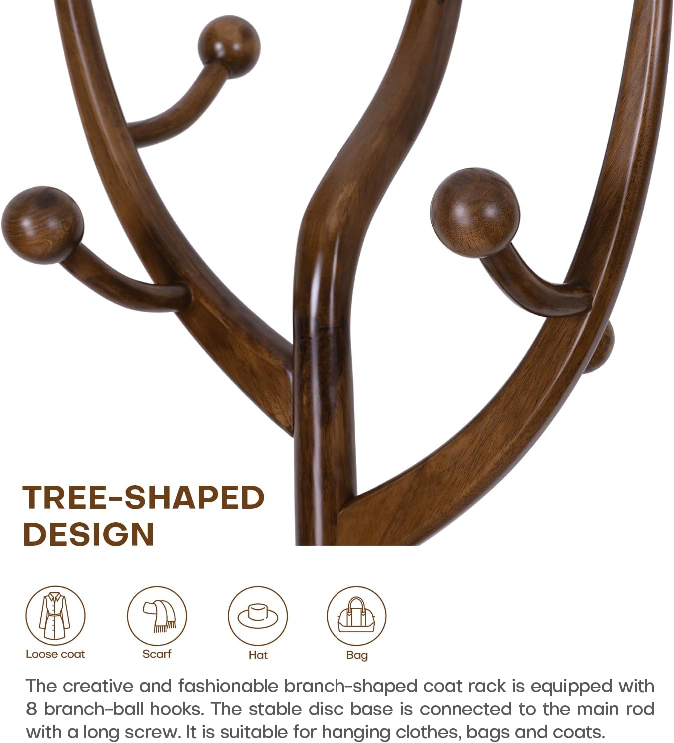 Wood Coat Rack Coat Tree Freestanding with Hooks, Heavy Duty Standing Coat Rack with Solid Round Base, 74” Tree Shaped Coat Hanger Stand for Clothes, Hat, Jacket, Entryway Bedroom, Walnut