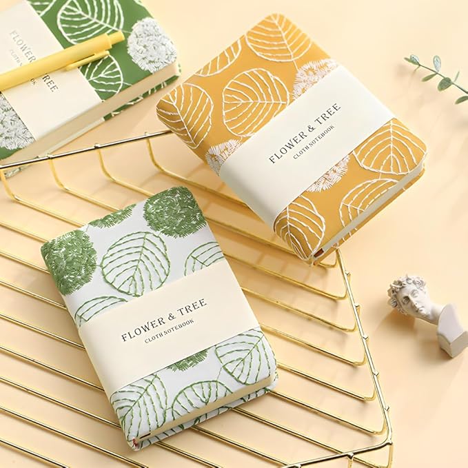 Pocket Notebook, A6 Journal, Small Embroidered Journal, Cute Fabric Notebook, Lay Flat Hardcover Journal, 4x6 Lined Notebook & Sketchbook, Personal Writing Journal for Women, White Leaf