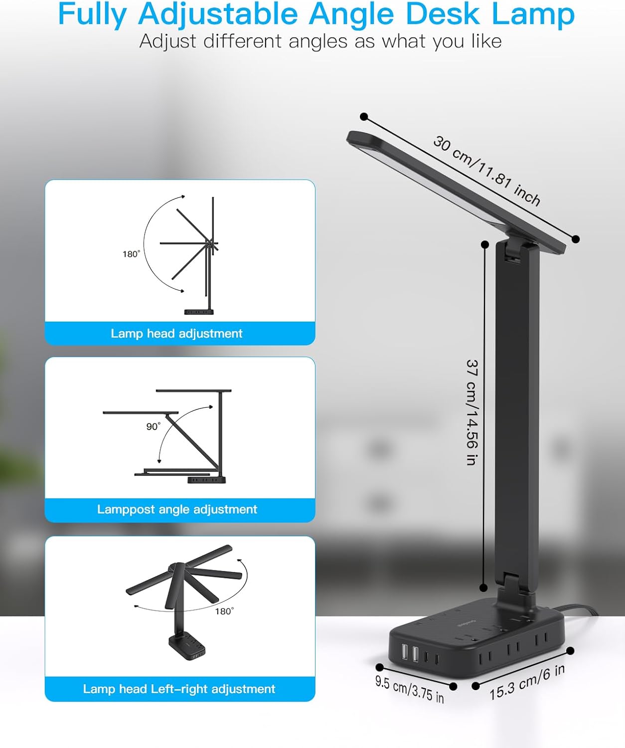One Beat Desk Lamp with 6 Outlets 4 USB Ports(2×USB-C),Eye Protection Table Lamp Power Strip with 4 Color Modes 5 Brightness Touch LED Desk Lamps for Home Office College Dorm Room Essentials(Black)