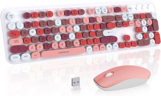 Cute Retro Wireless Keyboard and Mouse Combo with Round Key, 2.4Ghz Dropout-Free Connection, Typewriter Wireless Keyboard and Mouse Set for PC, Laptop, Desktop Computer - Pink Colorful